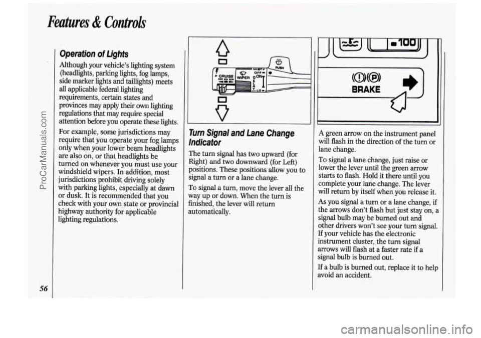 OLDSMOBILE BRAVADA 1994  Owners Manual Features & Controls 
56 
Operation of Lights 
Although  your  vehicle’s  lighting  system (headlights,  parking  lights,  fog  lamps, 
side  marker  lights  and taillights)  meets 
all  applicable  