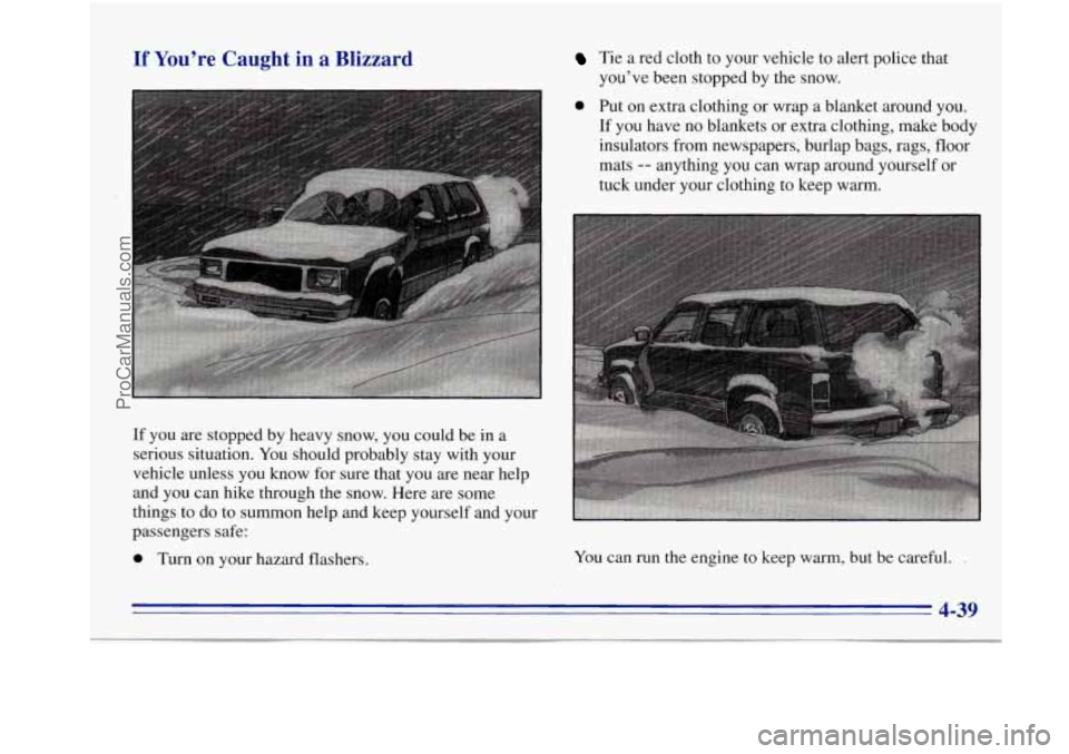 OLDSMOBILE BRAVADA 1996  Owners Manual If Youre  Caught  in  a Blizzard Tie a red  cloth  to your  vehicle  to alert police that 
youve  been stopped  by the  snow. 
0 Put on  extra  clothing  or wrap  a  blanket  around you. 
If  you  h