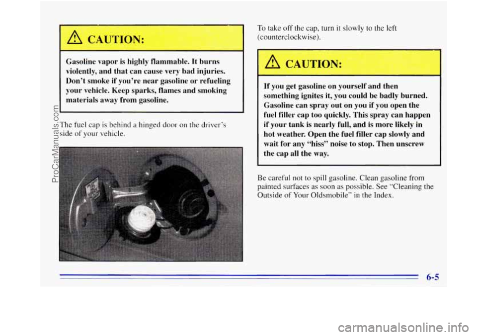 OLDSMOBILE BRAVADA 1996 Owners Manual Gasoline vapor is highly flammable. It burns
violently, and that can cause very bad injuries.
Don’t smoke if you’re near gasoline or refueling
your vehicle. Keep sparks, f OLDSMOBILE BRAVADA 1996 Owners Manual Gasoline vapor is highly flammable. It burns
violently, and that can cause very bad injuries.
Don’t smoke if you’re near gasoline or refueling
your vehicle. Keep sparks, f