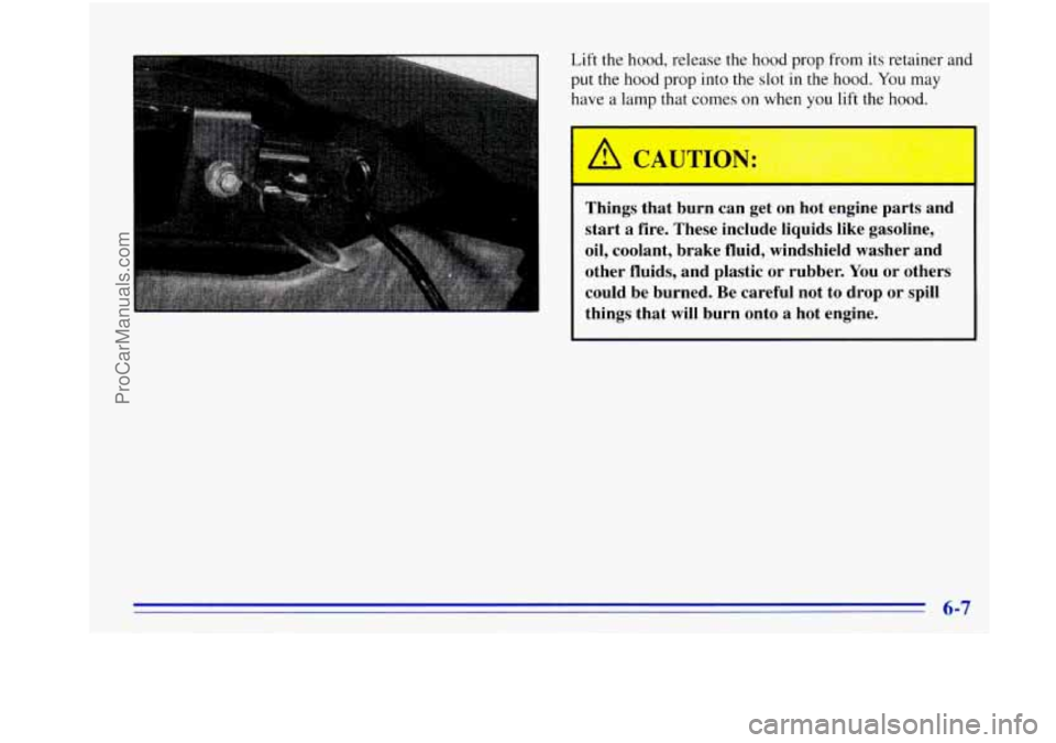 OLDSMOBILE BRAVADA 1996  Owners Manual I 
Lift the hood, release the hood prop from its retainer and 
put the hood  prop  into the slot 
in the hood.  You may 
have a lamp  that comes  on  when you lift the  hood. 
Things  that  burn  can 