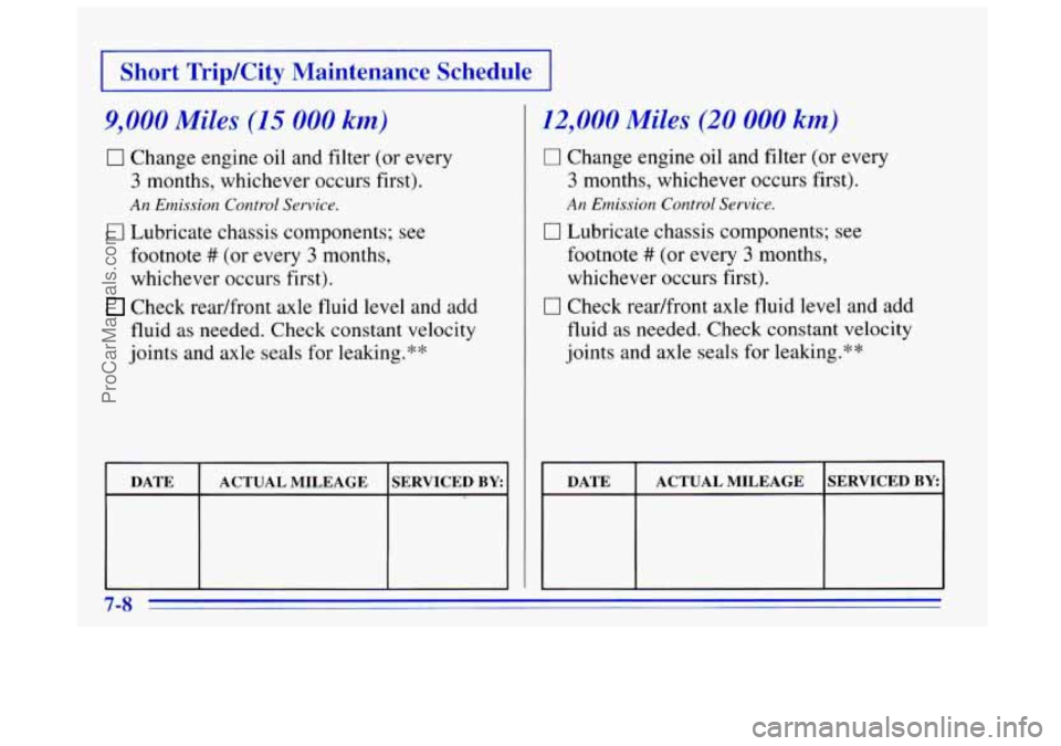 OLDSMOBILE BRAVADA 1996  Owners Manual I Short  TripKity  Maintenance  Schedule I 
9,000 Miles (15 000 km) 
0 Change engine oil and filter (or every 
3 months, whichever occurs first). 
An Emission Control Service. 
0 Lubricate chassis com