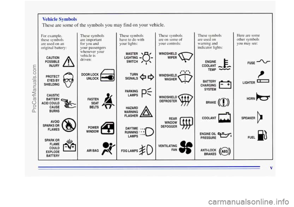 OLDSMOBILE BRAVADA 1996  Owners Manual L 
Vehicle Symbols 
These  are  some of the symbols  you may find  on your vehicle. 
For example, 
these symbols  are  used  on  an 
original battery: 
POSSIBLE A 
CAUTION 
INJURY 
PROTECT  EYES  BY 
