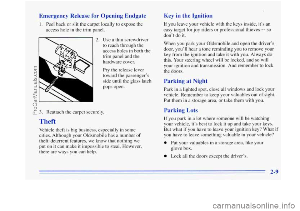 OLDSMOBILE BRAVADA 1996  Owners Manual Emergency  Release for Opening  Endgate 
1. Peel back or slit the carpet locally to  expose the 
access hole in the trim panel. 
2. Use  a thin  screwdriver 
L‘ 
to reach through the 
access holes i