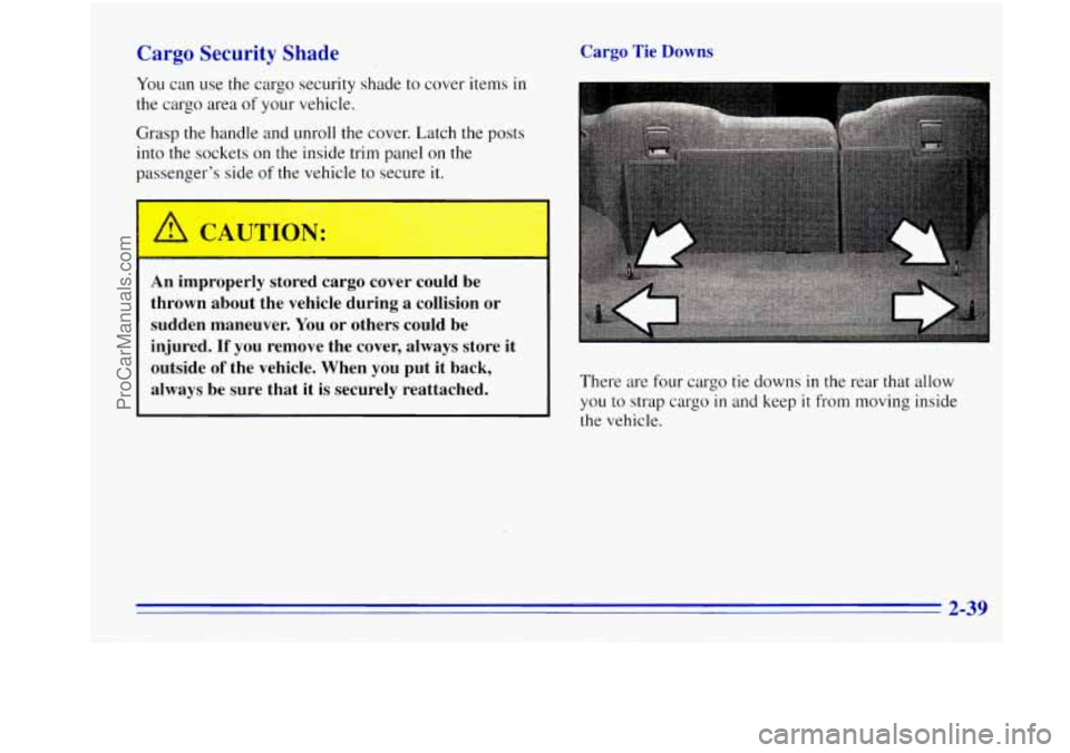 OLDSMOBILE BRAVADA 1996 Owners Manual Cargo Security Shade
You can use the cargo security shade to cover items in
the cargo area of your vehicle.
Grasp the handle and unroll the cover. Latch the posts
into the sockets on the OLDSMOBILE BRAVADA 1996 Owners Manual Cargo Security Shade
You can use the cargo security shade to cover items in
the cargo area of your vehicle.
Grasp the handle and unroll the cover. Latch the posts
into the sockets on the