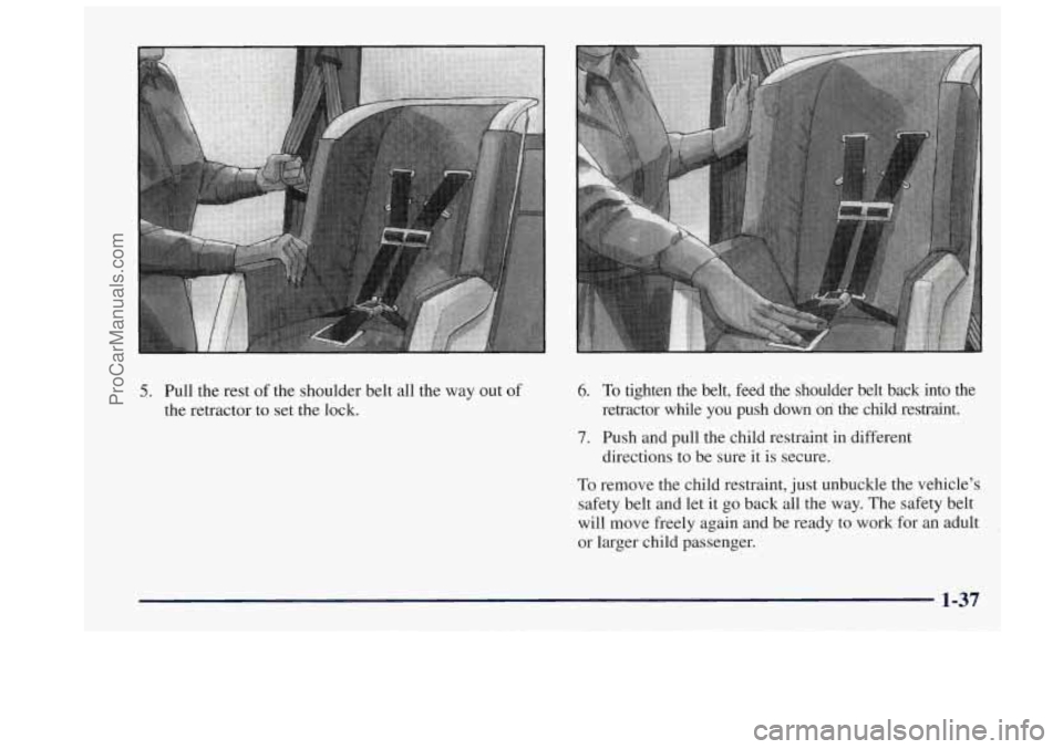 OLDSMOBILE BRAVADA 1997 Service Manual 5. Pull the rest  of the  shoulder  belt  all  the  way out of 
the  retractor 
to set  the  lock. 
6. To tighten  the  belt,  feed the  shoulder  belt  back  into  the 
retractor  while  you 
push do