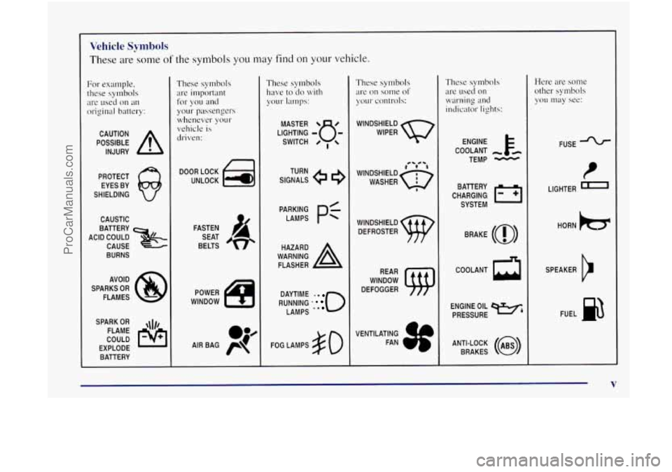 OLDSMOBILE BRAVADA 1998  Owners Manual Vehicle Symbols 
These are some of the symbols you may find on your vehicle. 
For  example, 
these  symbols 
are  used  on 
an 
original battery: 
POSSIBLE A 
CAUTION 
INJURY 
PROTECT  EYES  BY 
SHIEL