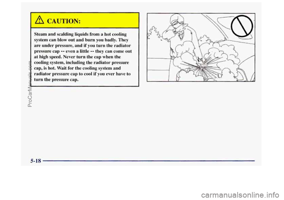 OLDSMOBILE BRAVADA 1998  Owners Manual /A C,* UTION: 
Steam and scalding  liquids  from  a  hot cooling 
system can  blow out  and  burn  you  badly.  They 
are  under  pressure, and 
if you turn  the  radiator 
pressure  cap 
-- even a li