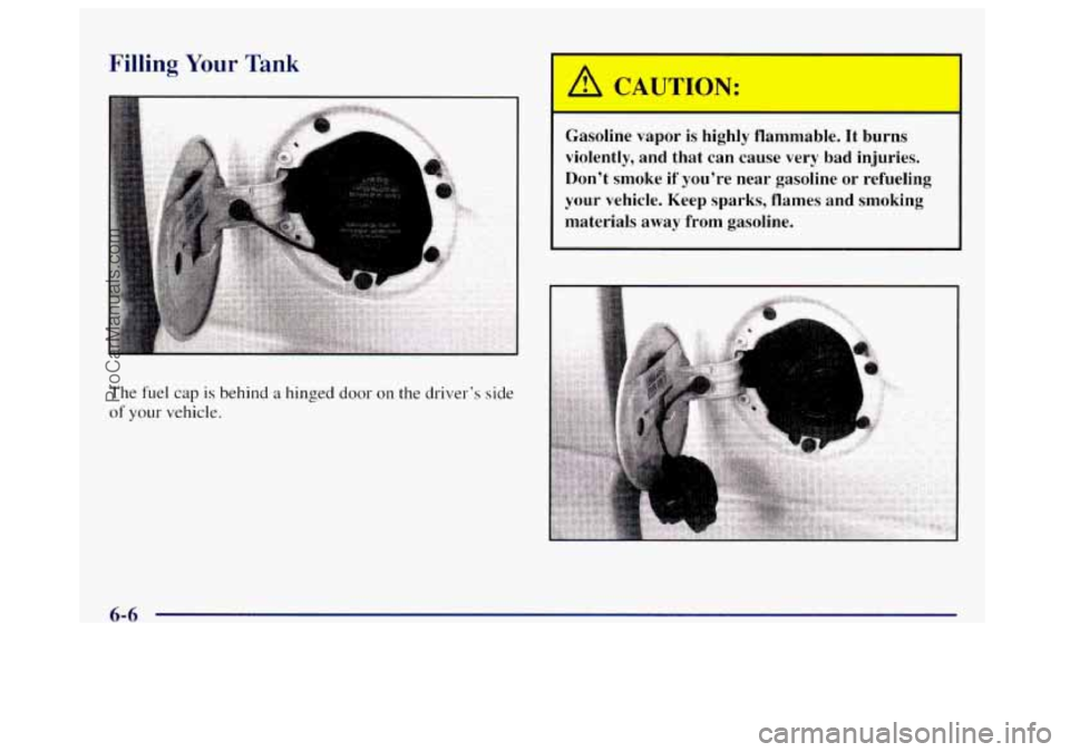 OLDSMOBILE BRAVADA 1998  Owners Manual Filling Your Tank 
The fuel cap is behind a hinged door on the driver’s side 
of your vehicle. 
Gasoline vapor is highly  flammable.  It burns 
violently,  and that can cause  very  bad injuries. 
D