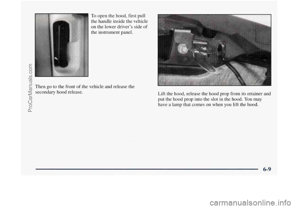 OLDSMOBILE BRAVADA 1998 Owners Manual To open the hood, first pull
the handle inside the vehicle
on the lower driver’s side of
the instrument panel.
Then
go to the front of the vehicle and release the
secondary hoo OLDSMOBILE BRAVADA 1998 Owners Manual To open the hood, first pull
the handle inside the vehicle
on the lower driver’s side of
the instrument panel.
Then
go to the front of the vehicle and release the
secondary hoo