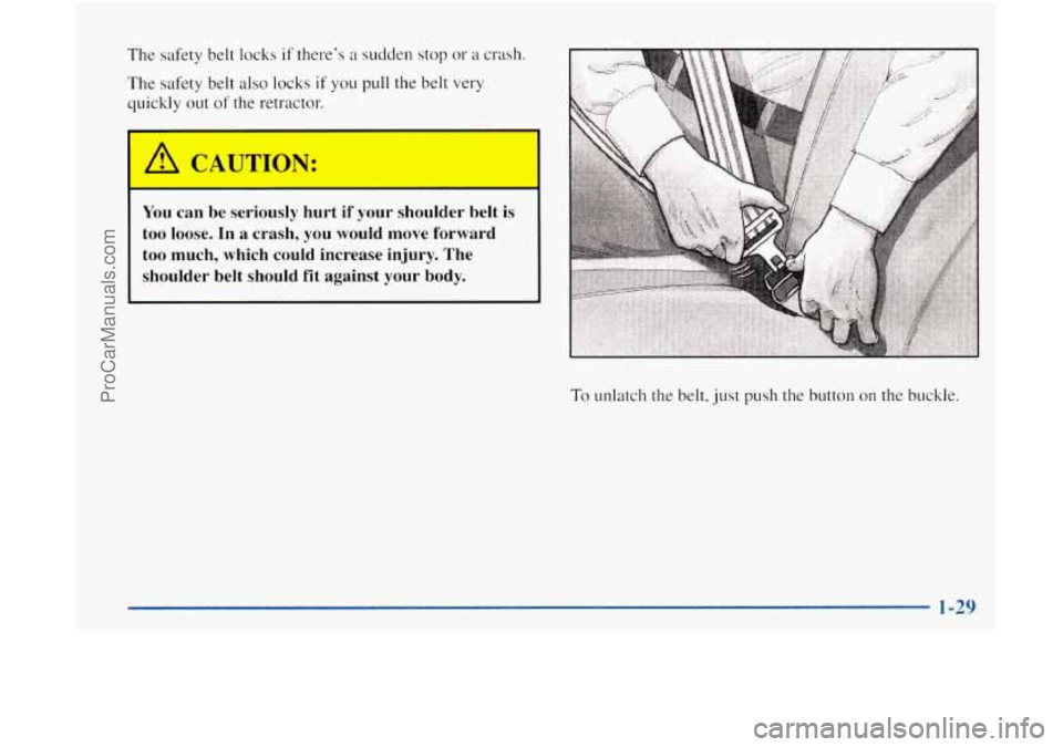 OLDSMOBILE BRAVADA 1998 Owners Manual The safety belt locks if there’s a sudden stop or a crash.
The safety belt also locks
if you pull the belt very
quickly out of the retractor.
You can be seriously hurt if your shoulder be OLDSMOBILE BRAVADA 1998 Owners Manual The safety belt locks if there’s a sudden stop or a crash.
The safety belt also locks
if you pull the belt very
quickly out of the retractor.
You can be seriously hurt if your shoulder be