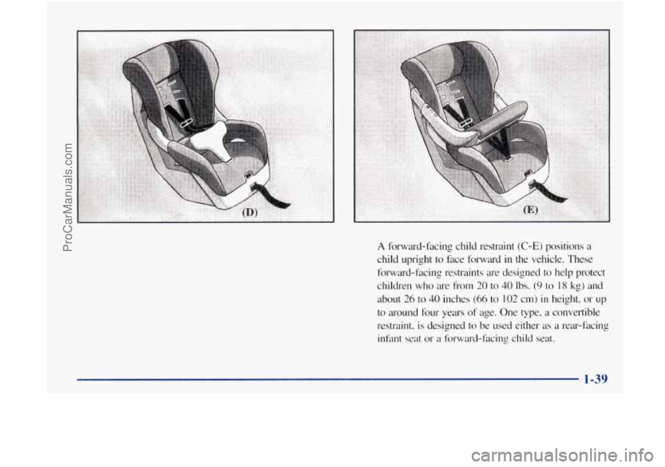 OLDSMOBILE BRAVADA 1998 Workshop Manual A forward-facing child restraint (C-E) positions a
child upright
to face forward in the vehicle. These
forward-.facing restraints are designed to help protect
children who are from OLDSMOBILE BRAVADA 1998 Workshop Manual A forward-facing child restraint (C-E) positions a
child upright
to face forward in the vehicle. These
forward-.facing restraints are designed to help protect
children who are from
