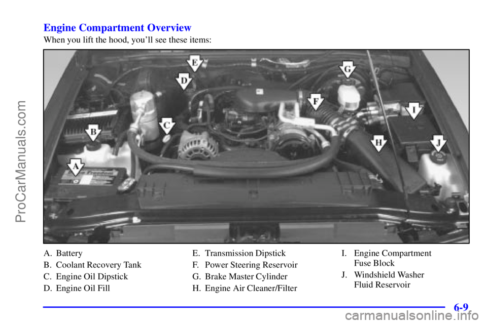 OLDSMOBILE BRAVADA 2001  Owners Manual 6-9 Engine Compartment Overview
When you lift the hood, youll see these items:
A. Battery
B. Coolant Recovery Tank
C. Engine Oil Dipstick
D. Engine Oil FillE. Transmission Dipstick
F. Power Steering 