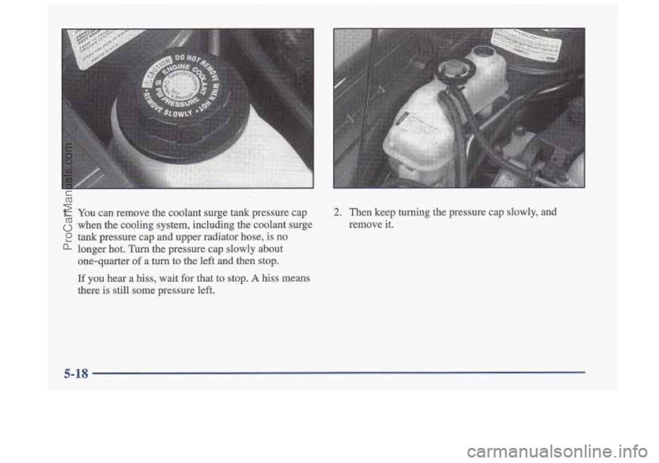 OLDSMOBILE CUTLASS 1997  Owners Manual 1. You can  remove  the  coolant  surge  tank  pressure  cap 
when  the  cooling  system,  including  the  coolant  surge 
tank  pressure  cap  and  upper  radiator  hose,  is  no 
longer  hot.  Turn 