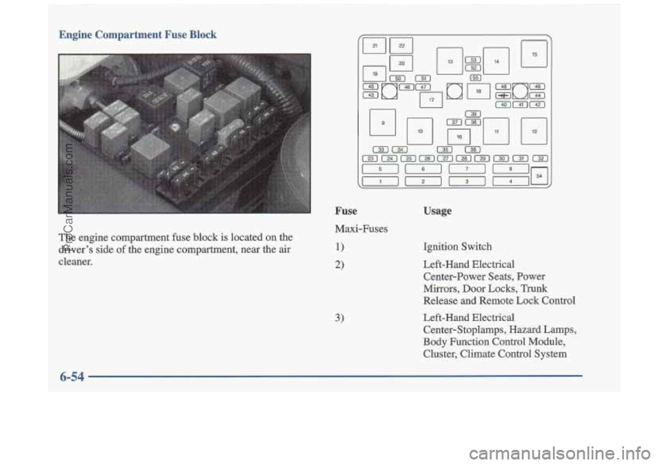 OLDSMOBILE CUTLASS 1997 Repair Manual Engine Compartment Fuse Block
The engine compartment fuse block is located on the
drivers side
of the engine compartment, near the air
cleaner.
F nn
Fuse
Maxi-Fuses
1)
2)
3)
U OLDSMOBILE CUTLASS 1997 Repair Manual Engine Compartment Fuse Block
The engine compartment fuse block is located on the
drivers side
of the engine compartment, near the air
cleaner.
F nn
Fuse
Maxi-Fuses
1)
2)
3)
U