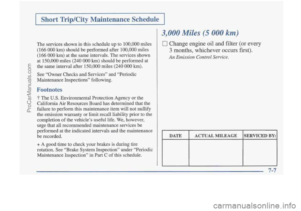OLDSMOBILE CUTLASS 1997 Manual PDF Short TripKity Maintenance Schedule
3,000 Miles (5 000 km)
0 Change engine oil and filter (or every
3 months, whichever occurs first).
An Emission Control Sewice.
DATE
ACTUAL MILEAGE OLDSMOBILE CUTLASS 1997 Manual PDF Short TripKity Maintenance Schedule
3,000 Miles (5 000 km)
0 Change engine oil and filter (or every
3 months, whichever occurs first).
An Emission Control Sewice.
DATE
ACTUAL MILEAGE