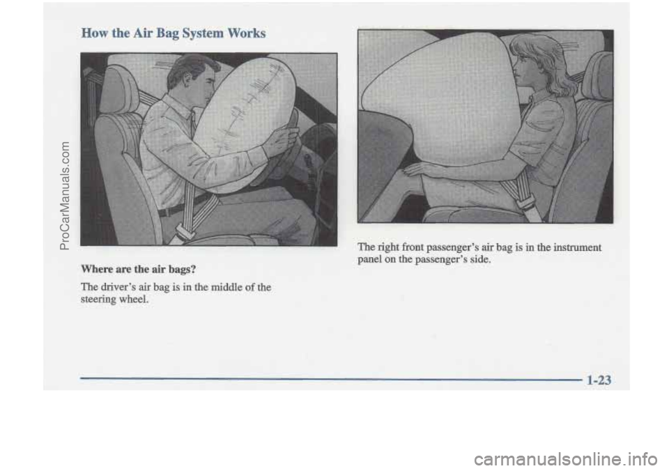 OLDSMOBILE CUTLASS 1997 Owners Manual How the Air Bag System Works 
Where are  the  air bags? 
The driver’s air bag is in the  middle of the 
steering  wheel. 
1-23 
ProCarManuals.com 