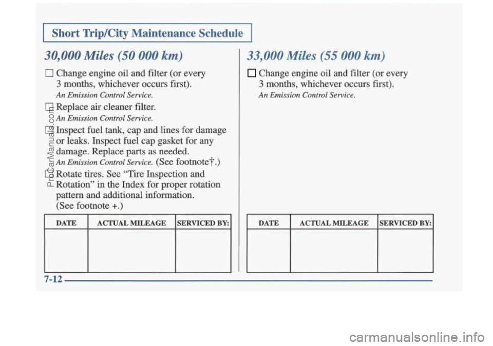 OLDSMOBILE CUTLASS 1997 Manual PDF I Short Trip/City Maintenance Schedule I
30,000 Miles (50 000 km)
0 Change engine oil and filter (or every
3 months, whichever occurs first).
An Emission Control Service.
17 Replace air cl OLDSMOBILE CUTLASS 1997 Manual PDF I Short Trip/City Maintenance Schedule I
30,000 Miles (50 000 km)
0 Change engine oil and filter (or every
3 months, whichever occurs first).
An Emission Control Service.
17 Replace air cl