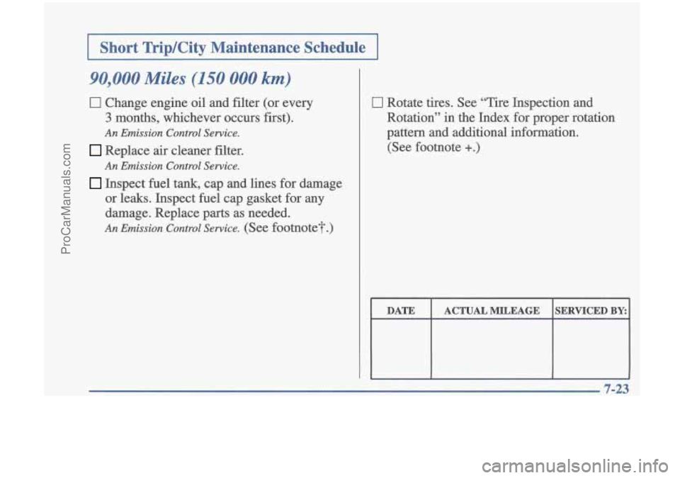 OLDSMOBILE CUTLASS 1997 Owners Manual I Short TripKity Maintenance Schedule I
90,000 Miles (150 000 km)
0 Change engine oil and filter (or every
3 months, whichever occurs first).
An Emission Control Service.
Replace air OLDSMOBILE CUTLASS 1997 Owners Manual I Short TripKity Maintenance Schedule I
90,000 Miles (150 000 km)
0 Change engine oil and filter (or every
3 months, whichever occurs first).
An Emission Control Service.
Replace air