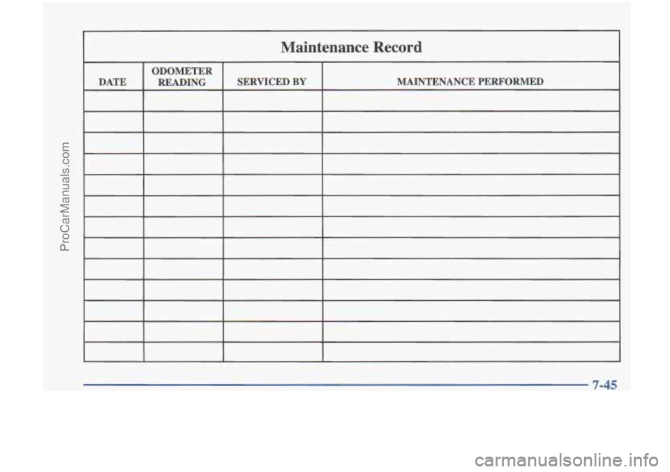 OLDSMOBILE CUTLASS 1997 Owners Manual Maintenance Record
ODOMETER
DATE MAINTENANCE PERFORMED
SERVICED
BY READING
.. ~
7-45
ProCarManuals.com OLDSMOBILE CUTLASS 1997 Owners Manual Maintenance Record
ODOMETER
DATE MAINTENANCE PERFORMED
SERVICED
BY READING
.. ~
7-45
ProCarManuals.com