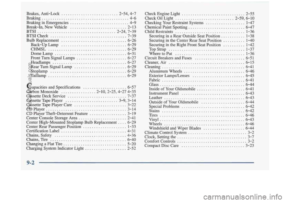 OLDSMOBILE CUTLASS 1997 Owners Manual Brakes. Anti-Lock .......................... 2.54. 4.7
Braking
........................................ 4-6
Braking in Emergencies
........................... 4-9
Break.In. New Vehicle
... OLDSMOBILE CUTLASS 1997 Owners Manual Brakes. Anti-Lock .......................... 2.54. 4.7
Braking
........................................ 4-6
Braking in Emergencies
........................... 4-9
Break.In. New Vehicle
...
