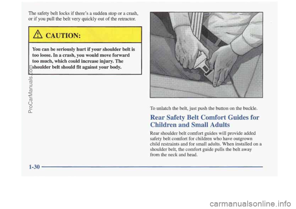 OLDSMOBILE CUTLASS 1997  Owners Manual The safety  belt locks if  theres a sudden  stop  or a crash, 
or 
if you pull the  belt very quickly  out of the  retractor. 
ION: 
You can  be  seriously  hurt  if  your  shoulder  belt  is 
too  l