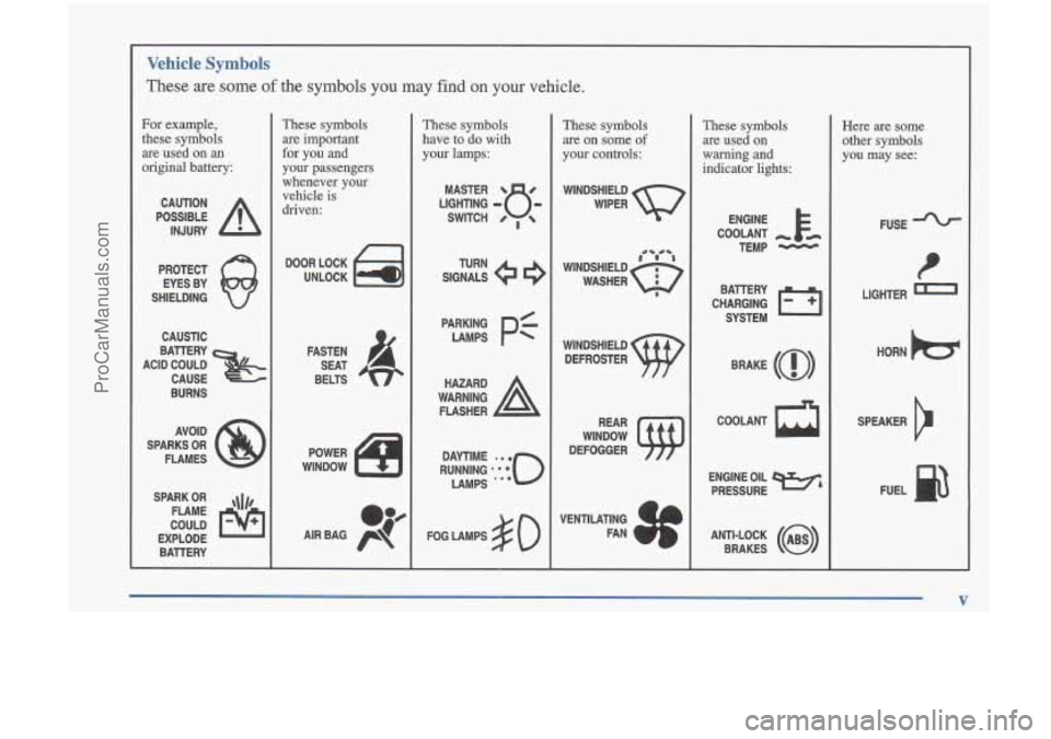 OLDSMOBILE CUTLASS 1997  Owners Manual Vehicle Symbols 
These are some of the symbols you may find on your vehicle. 
For  example, 
these  symbols 
are  used 
on an 
original battery: 
POSSIBLE A 
CAUTION 
INJURY 
PROTECT  EYES  BY 
SHIELD