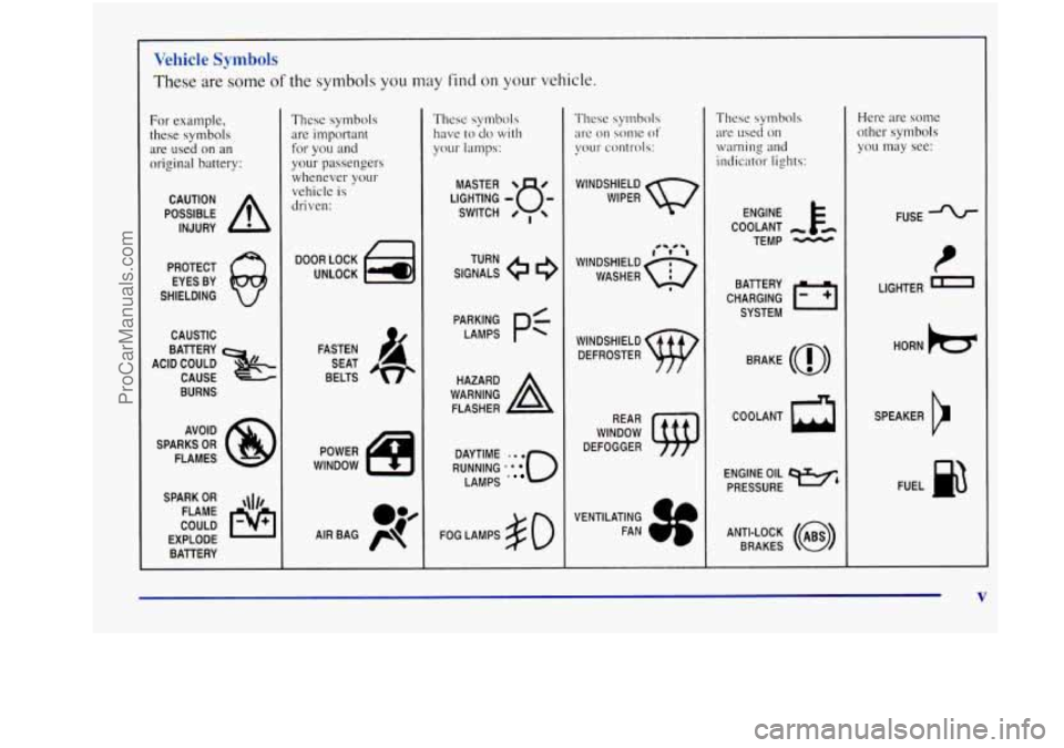 OLDSMOBILE INTRIGUE 1998  Owners Manual These are some of the symbols you may find on your vehicle. 
For  example, 
these  symbols 
are  used  on  an 
original  battery: 
POSSIBLE A 
CAUTION 
INJURY 
PROTECT  EYES  BY 
SHIELDING 
CAUSTIC 
B