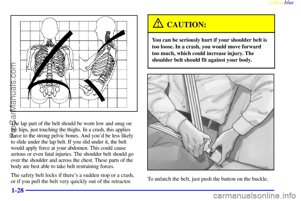 OLDSMOBILE INTRIGUE 1999 Owners Guide yellowblue     
1-28
The lap part of the belt should be worn low and snug on
the hips, just touching the thighs. In a crash, this applies
force to the strong pelvic bones. And youd be less likely
to 