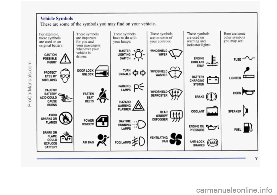 OLDSMOBILE SILHOUETTE 1998  Owners Manual Vehicle Symbols 
These are some of the symbols you may find on your vehicle. 
For example, 
these symbols  are  used  on  an 
original battery: 
POSSIBLE A 
CAUTION 
INJURY 
PROTECT  EYES  BY 
SHIELDI
