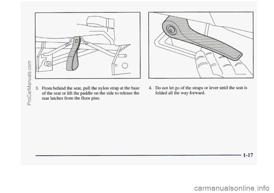 OLDSMOBILE SILHOUETTE 1998 Owners Manual 3. From behind the seat, pull the nylon strap at the base
of the seat or lift the paddle on the side to release the
rear latches from the floor pins. 4. Do not let go of the strap OLDSMOBILE SILHOUETTE 1998 Owners Manual 3. From behind the seat, pull the nylon strap at the base
of the seat or lift the paddle on the side to release the
rear latches from the floor pins. 4. Do not let go of the strap