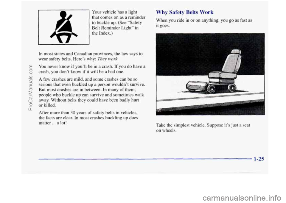 OLDSMOBILE SILHOUETTE 1998 Owners Manual Your vehicle has a light
that comes on as a reminder
to buckle up. (See “Safety
Belt Reminder Light” in
the Index.)
In most states and Canadian provinces, the law says to
wear safe OLDSMOBILE SILHOUETTE 1998 Owners Manual Your vehicle has a light
that comes on as a reminder
to buckle up. (See “Safety
Belt Reminder Light” in
the Index.)
In most states and Canadian provinces, the law says to
wear safe