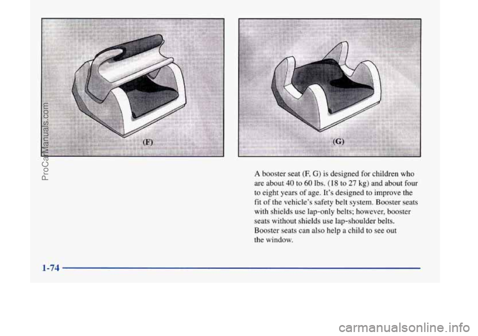 OLDSMOBILE SILHOUETTE 1998 Manual Online A booster seat (F, G) is designed for children who
are about
40 to 60 lbs. (18 to 27 kg) and about four
to eight years of age. It’s designed to improve the
fit of the vehicle’s safety OLDSMOBILE SILHOUETTE 1998 Manual Online A booster seat (F, G) is designed for children who
are about
40 to 60 lbs. (18 to 27 kg) and about four
to eight years of age. It’s designed to improve the
fit of the vehicle’s safety
