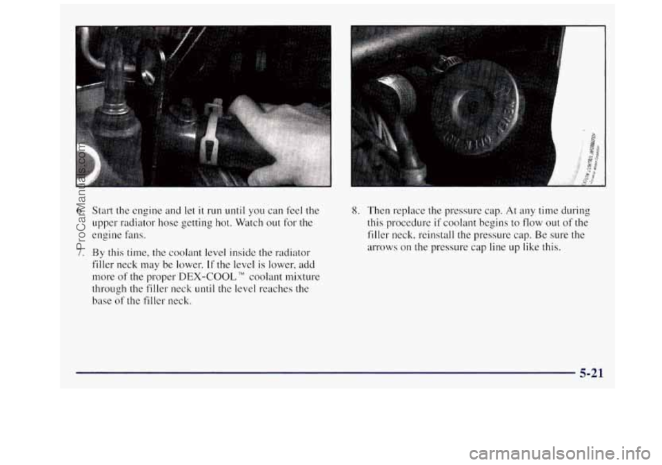 OLDSMOBILE SILHOUETTE 1997  Owners Manual 6. Start the eng~ne and let it run  until  you  can feel the 
upper radiator  hose  getting hot. Watch  out  for  the 
engine  fans. 
7. By this time, the coolant  level inside the radiator 
filler ne