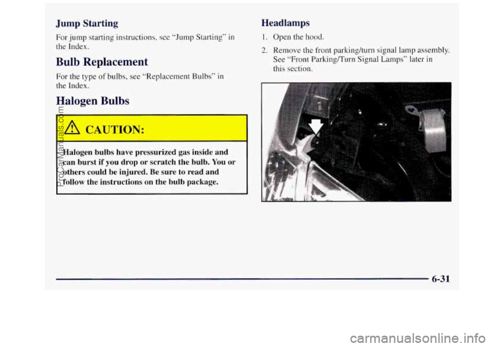 OLDSMOBILE SILHOUETTE 1997  Owners Manual Jump Starting 
For jump  starting  instructions,  see  “Jump  Starting” in 
the  Index. 
Bulb  Replacement 
For the type of bulbs, see  “Replacement  Bulbs” in 
the  Index. 
Halogen  Bulbs 
Ha