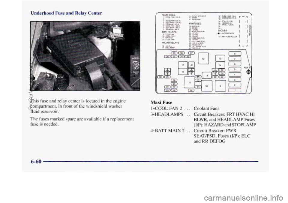 OLDSMOBILE SILHOUETTE 1997  Owners Manual Underhood Fuse and Relay Center 
This  fuse and relay center is located in the engine 
compartment,  in front 
of the windshield washer 
fluid reservoir. 
The  fuses  marked spare  are  available 
if 