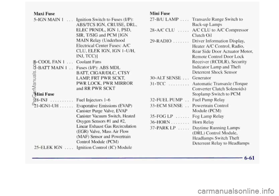 OLDSMOBILE SILHOUETTE 1997 Owners Manual Maxi Fuse
5-IGN MAIN 1 . . . Ignition Switch to Fuses (UP):
ABS/TCS IGN, CRUISE, DRL,
ELEC PRNDL, IGN
1, PSD,
SIR, T/SIG and PCM [IGN
MAIN Relay (Underhood
Electrical Center Fuses: A OLDSMOBILE SILHOUETTE 1997 Owners Manual Maxi Fuse
5-IGN MAIN 1 . . . Ignition Switch to Fuses (UP):
ABS/TCS IGN, CRUISE, DRL,
ELEC PRNDL, IGN
1, PSD,
SIR, T/SIG and PCM [IGN
MAIN Relay (Underhood
Electrical Center Fuses: A