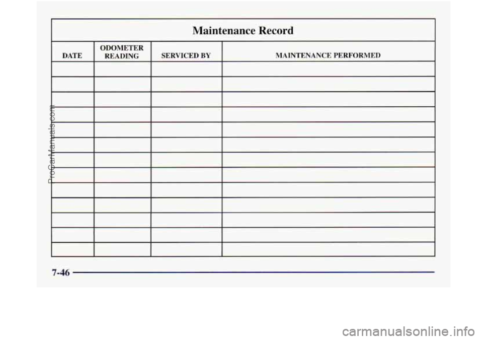 OLDSMOBILE SILHOUETTE 1997  Owners Manual Maintenance  Record 
ODOMETER READING  SERVICED 
BY MAINTENANCE PERFORMED 
7-46 
ProCarManuals.com 