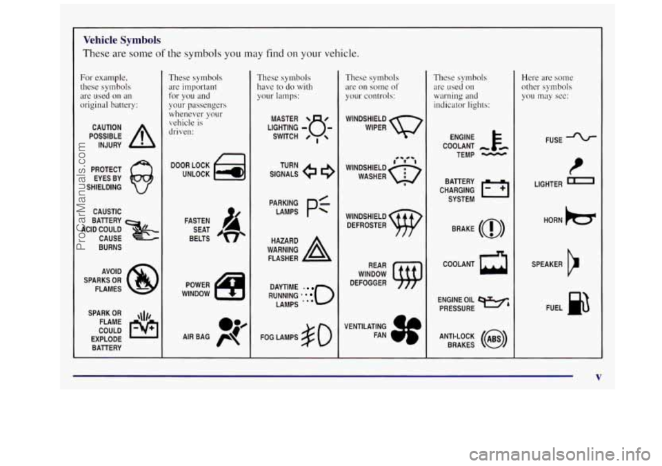 OLDSMOBILE SILHOUETTE 1997  Owners Manual Vehicle Symbols 
These  are  some of the symbols you may find on your  vehicle. 
For example, 
these symbols 
are  used 
on an 
original battery: 
POSSIBLE A 
CAUTION 
INJURY 
PROTECT  EYES  BY 
SHIEL