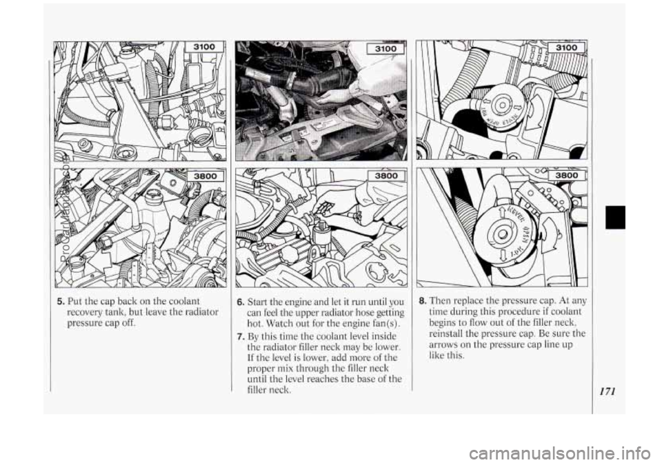 OLDSMOBILE SILHOUETTE 1994 User Guide 5. Put the cap back on the coolant
recovery tank, but leave the radiator
pressure cap off. 6. Start the engine and let it run until you
can feel the upper radiator hose getting
hot. OLDSMOBILE SILHOUETTE 1994 User Guide 5. Put the cap back on the coolant
recovery tank, but leave the radiator
pressure cap off. 6. Start the engine and let it run until you
can feel the upper radiator hose getting
hot.