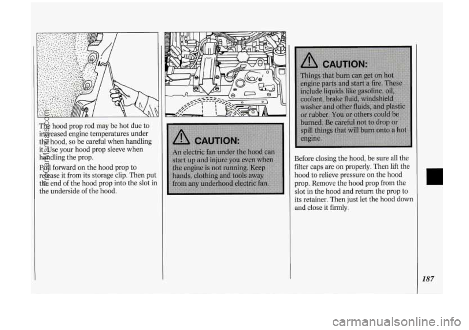 OLDSMOBILE SILHOUETTE 1994 Owners Manual The hood prop rod may be hot due to
increased engine temperatures under the hood,
so be careful when handling
it. Use your hood prop sleeve when
handling the prop.
Pull forward OLDSMOBILE SILHOUETTE 1994 Owners Manual The hood prop rod may be hot due to
increased engine temperatures under the hood,
so be careful when handling
it. Use your hood prop sleeve when
handling the prop.
Pull forward