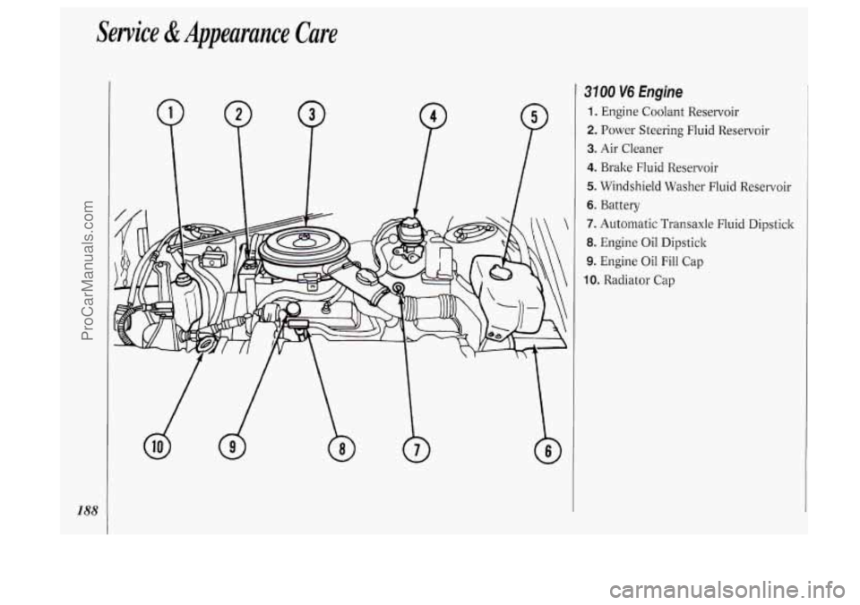 OLDSMOBILE SILHOUETTE 1994 User Guide Service &Appearance Care
3100 V6 Engine
1. Engine Coolant Reservoir
2. Power Steering Fluid Reservoir
3. Air Cleaner
4. Brake Fluid Reservoir
5. Windshield Washer Fluid Reservoi
6. Ba OLDSMOBILE SILHOUETTE 1994 User Guide Service &Appearance Care
3100 V6 Engine
1. Engine Coolant Reservoir
2. Power Steering Fluid Reservoir
3. Air Cleaner
4. Brake Fluid Reservoir
5. Windshield Washer Fluid Reservoi
6. Ba