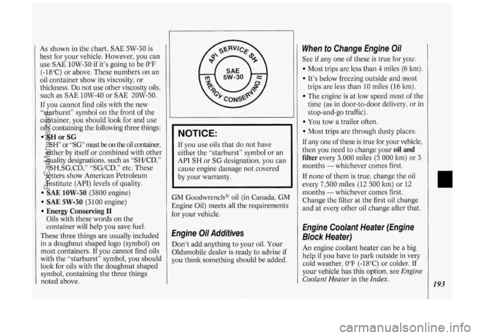 OLDSMOBILE SILHOUETTE 1994 User Guide As shown in the chart, SAE 5W-30 is
best for your vehicle. However, you can
use SAE 1OW-30 if it’s going
to be 0°F
(-18°C) or above. These numbers on an
oil container show
it OLDSMOBILE SILHOUETTE 1994 User Guide As shown in the chart, SAE 5W-30 is
best for your vehicle. However, you can
use SAE 1OW-30 if it’s going
to be 0°F
(-18°C) or above. These numbers on an
oil container show
it