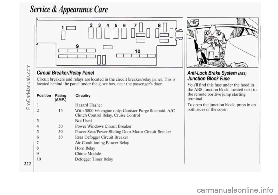 OLDSMOBILE SILHOUETTE 1994 Owners Manual Service &Appearance Care
222
I
1-
9 0
U
Circuit BreakerlRelay Panel
Circuit breakers and relays are located in the circuit breakerhelay panel. This is
located behind the panel unde OLDSMOBILE SILHOUETTE 1994 Owners Manual Service &Appearance Care
222
I
1-
9 0
U
Circuit BreakerlRelay Panel
Circuit breakers and relays are located in the circuit breakerhelay panel. This is
located behind the panel unde