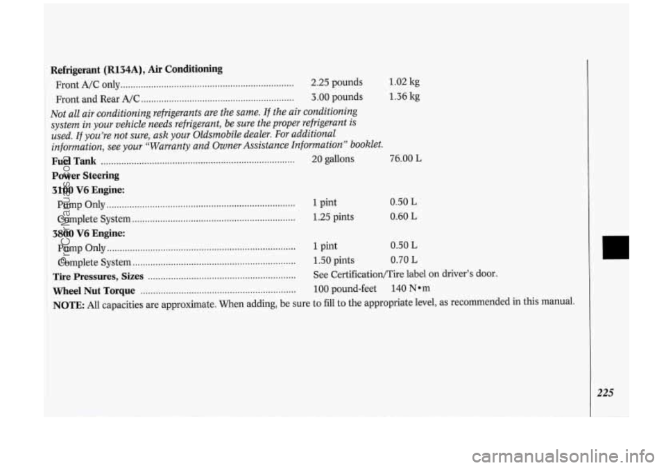 OLDSMOBILE SILHOUETTE 1994 Owners Manual 1.02 kg
1.36 kg
Refrigerant (R134A), Air Conditioning
Front A/C only .................................................................... 2.25 pounds
Front and Rear A/C
...................... OLDSMOBILE SILHOUETTE 1994 Owners Manual 1.02 kg
1.36 kg
Refrigerant (R134A), Air Conditioning
Front A/C only .................................................................... 2.25 pounds
Front and Rear A/C
......................