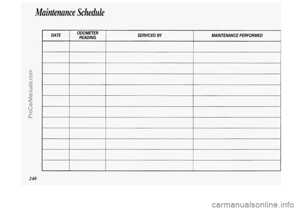 OLDSMOBILE SILHOUETTE 1994 Owners Manual Maintenance Schedule
248
DATE ODOMETER READlNG SERVlCED BY MAlNTENANCE PERFORMED
ProCarManuals.com OLDSMOBILE SILHOUETTE 1994 Owners Manual Maintenance Schedule
248
DATE ODOMETER READlNG SERVlCED BY MAlNTENANCE PERFORMED
ProCarManuals.com