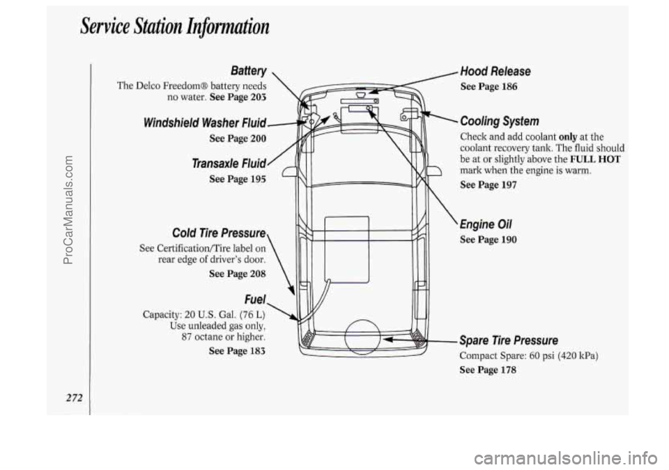 OLDSMOBILE SILHOUETTE 1994 User Guide Service Station Information
The Delco Freedom@ battery needs
no water.
See Page 203
Windshield Washer Fluid
See Page 200
Transaxle Fluid
See Page 195
Cold Tire Pressure
See Cert OLDSMOBILE SILHOUETTE 1994 User Guide Service Station Information
The Delco Freedom@ battery needs
no water.
See Page 203
Windshield Washer Fluid
See Page 200
Transaxle Fluid
See Page 195
Cold Tire Pressure
See Cert
