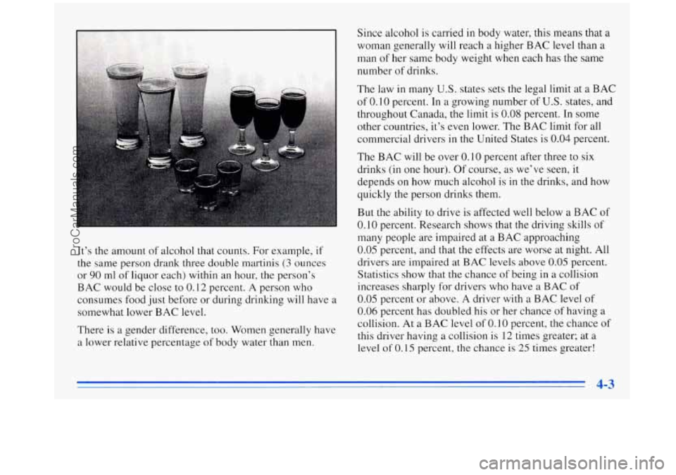 OLDSMOBILE SILHOUETTE 1996 Owners Manual It’s the amount of alcohol that counts. For example, if
the same person drank three double martinis (3 ounces
or
90 ml of liquor each) within an hour, the person’s
BAC would be close OLDSMOBILE SILHOUETTE 1996 Owners Manual It’s the amount of alcohol that counts. For example, if
the same person drank three double martinis (3 ounces
or
90 ml of liquor each) within an hour, the person’s
BAC would be close