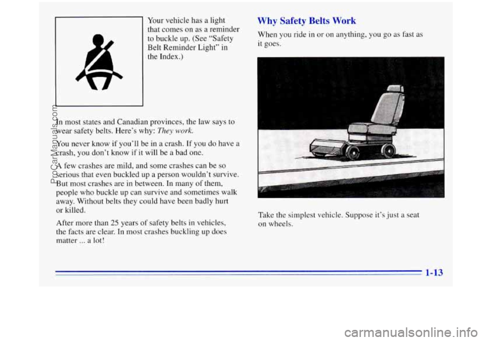 OLDSMOBILE SILHOUETTE 1996 Owners Manual Your vehicle  has  a light 
that  comes  on  as a  reminder 
to  buckle  up.  (See  “Safety 
Belt  Reminder  Light”  in 
the Index.) 
In most  states  and  Canadian  provinces,  the law  says  to 