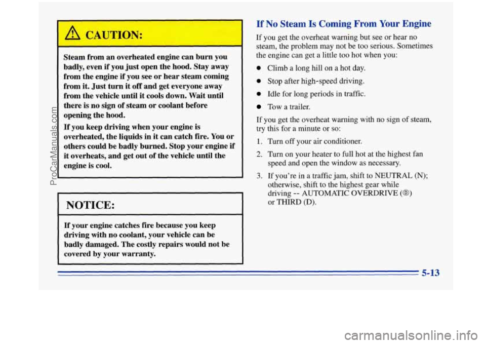 OLDSMOBILE SILHOUETTE 1996  Owners Manual /11 CA JTILV: 
Steam  from  an overheated engine can  burn  you 
badly,  even  if  you just open  the hood.  Stay away 
from  the  engine 
if you  see or  hear  steam coming 
from  it. Just  turn 
it 
