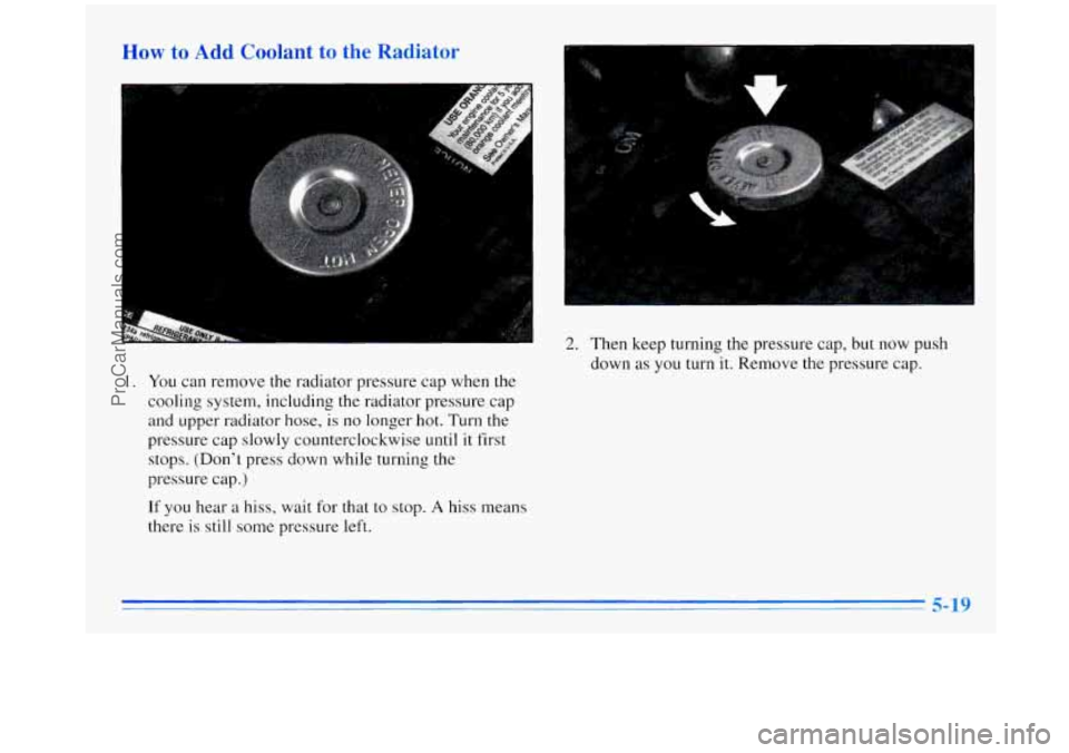 OLDSMOBILE SILHOUETTE 1996  Owners Manual How to Add Coolant  to  the  Radiator 
2. Then keep turning the pressure  cap, but now push 
down as  you turn it.  Remove  the pressure  cap. 
I. You can remove  the radiator  pressure  cap when the 